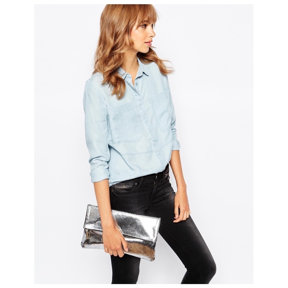 WHISTLES Cracked Leather Fold Over Clutch Silver Metallic